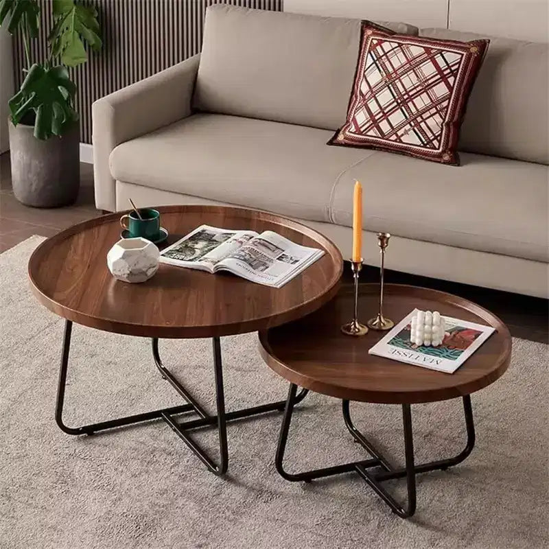 Acekool Nesting Coffee Table Set 2 Round Tables Walnut Finish MDF Top with Raised Edge Interchangeable Metal Legs Space-Saving Design