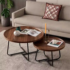 Acekool Nesting Coffee Table Set 2 Round Tables Walnut Finish MDF Top with Raised Edge Interchangeable Metal Legs Space-Saving Design