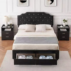 Queen Size Bed Frame with 2 Storage Drawers and Headboard Upholstered PU Leather Platform Bed with Button Tufted