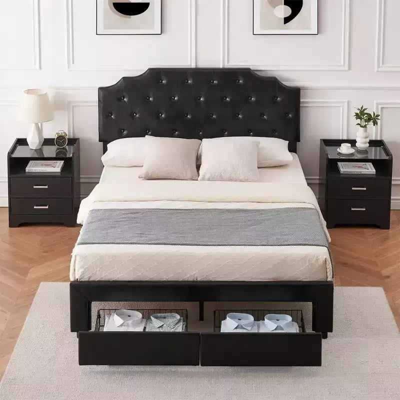 Queen Size Bed Frame with 2 Storage Drawers and Headboard Upholstered PU Leather Platform Bed with Button Tufted