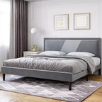 Queen Upholstered Bed Frame with Wingback Headboard Luxurious Velvet Wooden Slats Easy Assembly Box Spring Optional Gray