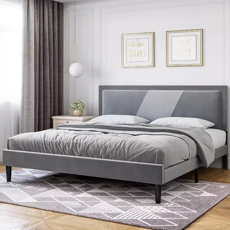 Queen Upholstered Bed Frame with Wingback Headboard Luxurious Velvet Wooden Slats Easy Assembly Box Spring Optional Gray