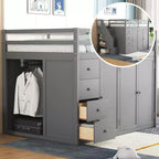 Teddy Fleece Full Size Loft Bed with Storage Shelf and Drawers Wooden High Loft Bed with Versatile Desk for Bedroom