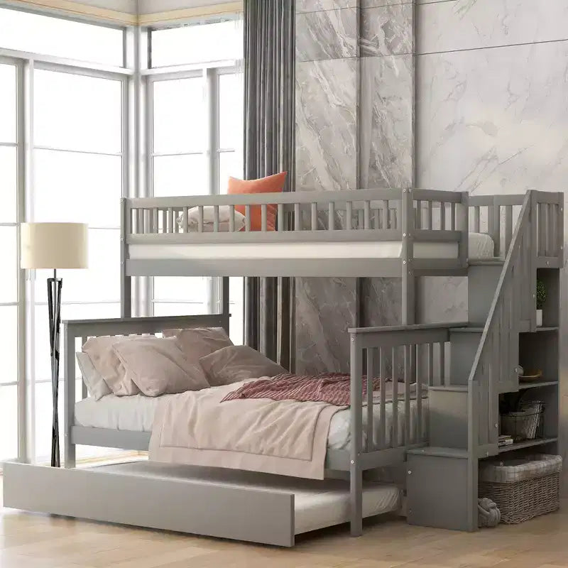 Twin over Twin Bunk Bed with Trundle and Storage Staircase Solid Wood Stairway Bunk Bed for Kids Teens Adults