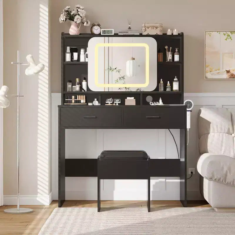 COZONY Vanity Sliding Desk with Mirror & Lights - Makeup Table with Stool Charging Station Drawers & Shelves for Bedroom