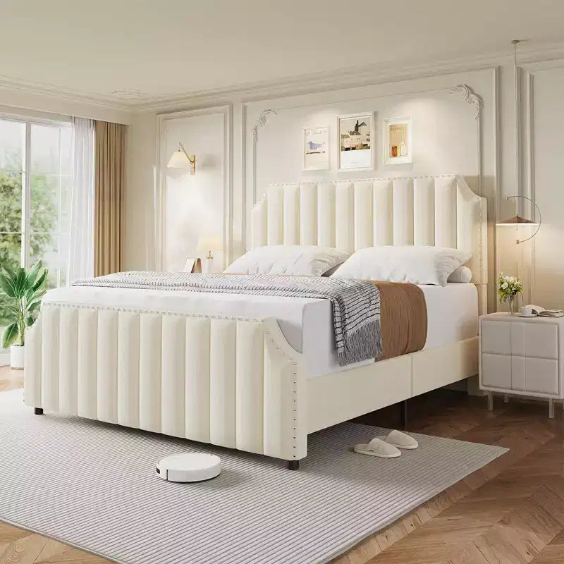 King Size Velvet Bed Frame 50.2 Tall Headboard & Footboard Upholstered Platform King Bed Frame with Nailhead Trim No Box Spring Needed