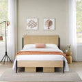 Coolmee Full/Queen Size Bed Frame with Natural Rattan Headboard and Solid Wood Footboard Bed Frame with Under Bed Storage Space