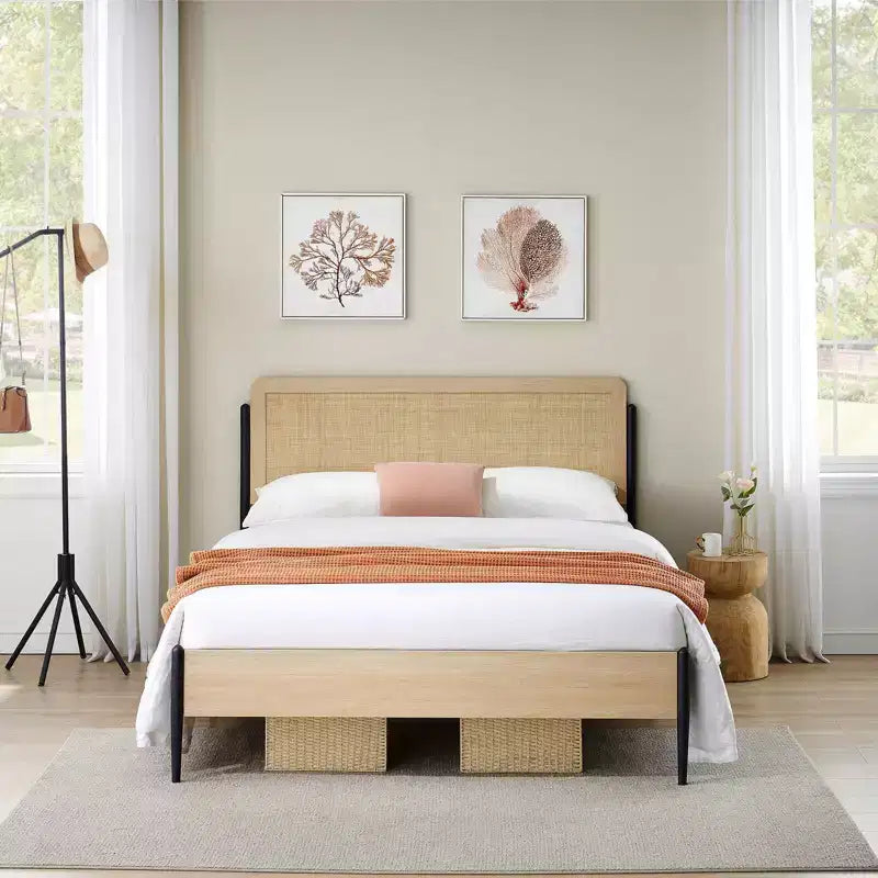 Coolmee Full/Queen Size Bed Frame with Natural Rattan Headboard and Solid Wood Footboard Bed Frame with Under Bed Storage Space