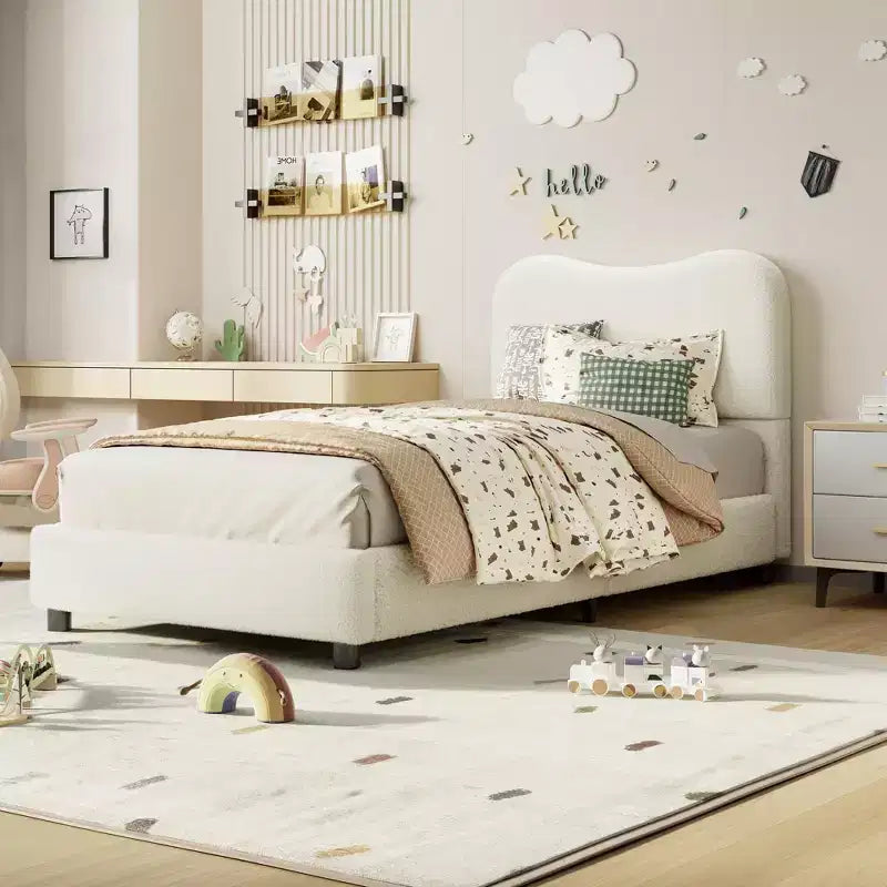 Coolmee Boucle Bed Frame with Upholstered Headboard Soft Low Profile Sturdy Platform Bed with Rounded Corners Design Heavy Duty Wooden Slats