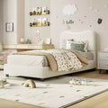 Coolmee Boucle Bed Frame with Upholstered Headboard Soft Low Profile Sturdy Platform Bed with Rounded Corners Design Heavy Duty Wooden Slats