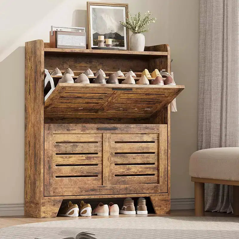 Shoe Storage Cabinet with 2 Flip Drawersfor Entryway Entryway Slim Freestanding Hidden Slim Shoe Organizer Cabinet with Hooks