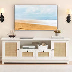 TV Stand Entertainment Center - for 65+ Inch TV Rattan Media Console with Storage & Mesh Door Modern White TV Cabinet for Living Room