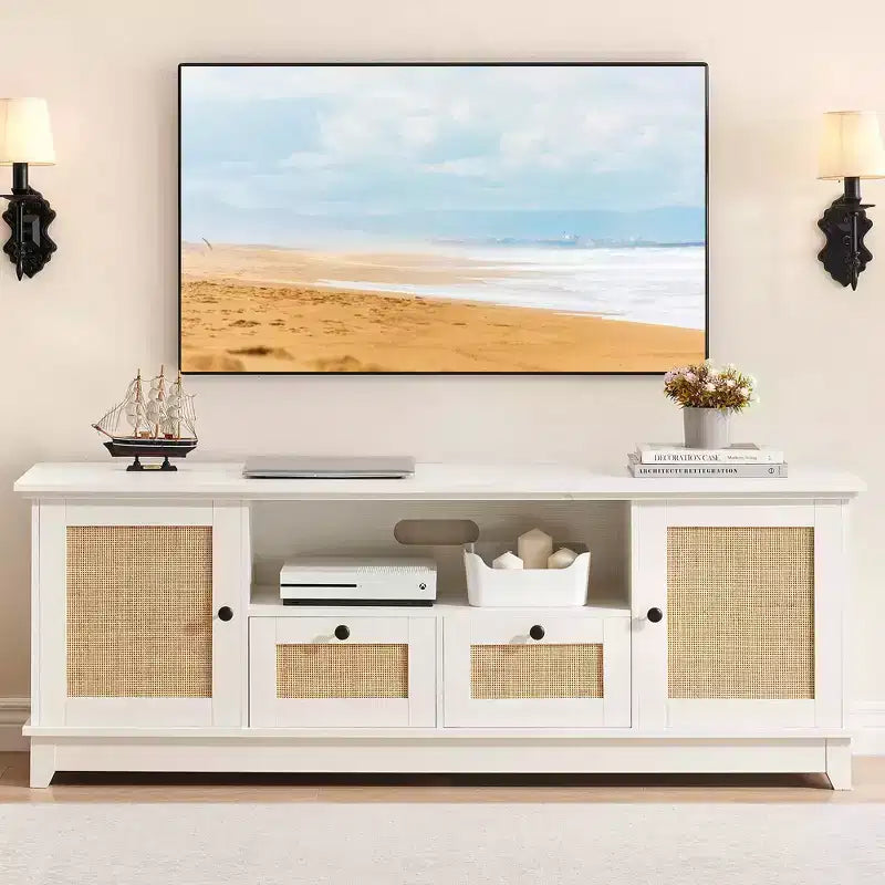 TV Stand Entertainment Center - for 65+ Inch TV Rattan Media Console with Storage & Mesh Door Modern White TV Cabinet for Living Room