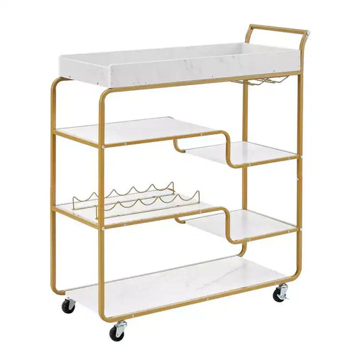 NAYSAYE 6 Tier Bar Cart Retro Style Rolling Serving Cart with Wine Rack and Glass Holder for Kitchen and Dining Gold 35.63*13.98*40.35