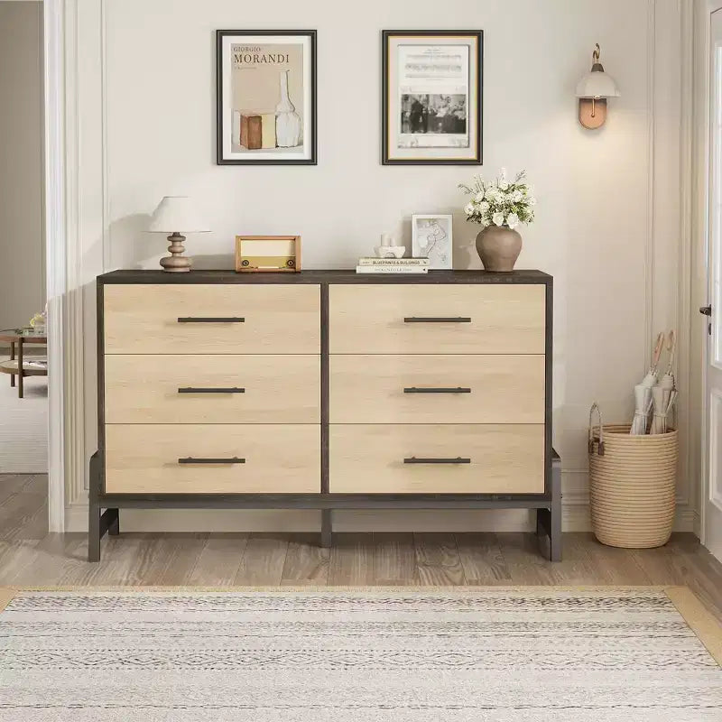 6 Chest of Dresser Wide Drawer Storage Dresser Freestanding Wood Closet Storage Dresser Chest for Living Room Bedroom Entryway