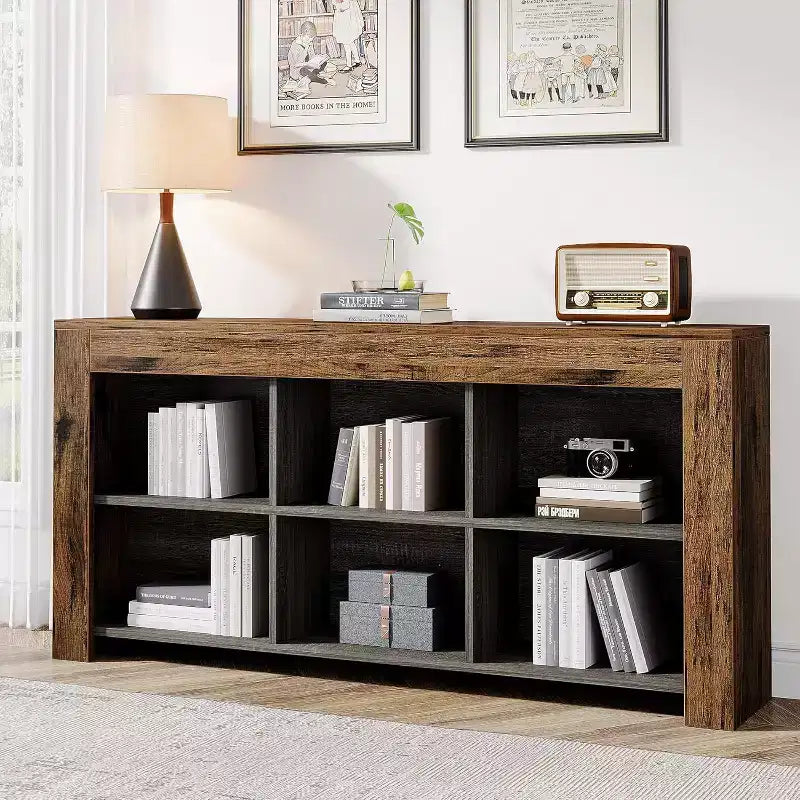 Lantine Horizontal Bookcase 6 Cube Storage Organizer Long Bookshelf Wide Cubby console table for Home Office Living Room