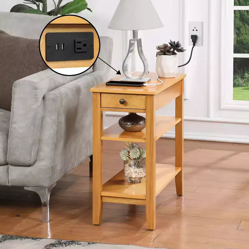 HomeStock Belmont Chairside End Table with One Drawer USB Ports Plug Outlet and Shelves Functional Storage Side Table with Charging Station