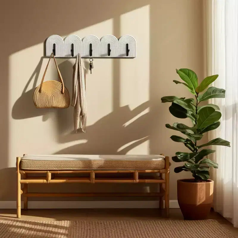 Wall Mounted Coat Rack with Hooks - Boho Wood & Metal Entryway Organizer - Decorative Hanging Storage for Home Office Bedroom Living Room