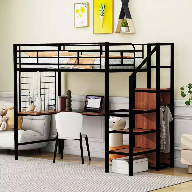 Bellemave Twin Size Metal Loft Bed with Desk and Metal Grid Stylish Metal Frame Bed with Lateral Storage Ladder and Wardrobe Black