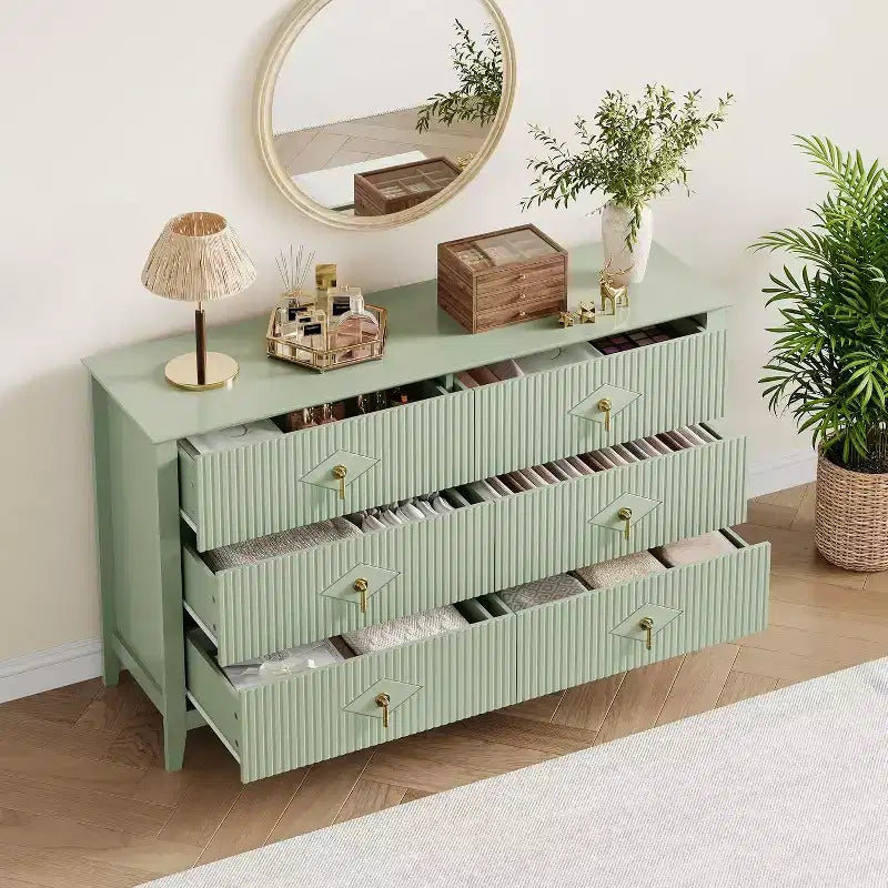 54 Extra Wide 6 Drawer Dresser with Fluted Panels Modern Chest of Drawers TV Stand Oak Finish for Bedroom Living Room Hallway