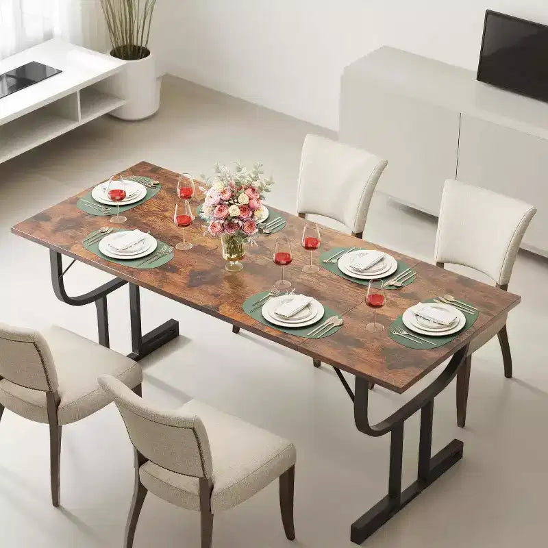 70.9in Rectangular Dining Table for 4-6 People Heavy Metal Wine Glass Shaped Leg Wear-Resistant Thickened Wooden Table Top For Kitchen Office Desk