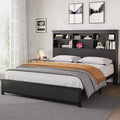 King Size Bed Frame with Bookcase Headboard Tall Wooden Bed Headboard Frame Under Bed Storage Space No Box Spring Needed Black