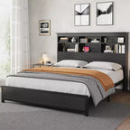 King Size Bed Frame with Bookcase Headboard Tall Wooden Bed Headboard Frame Under Bed Storage Space No Box Spring Needed Black