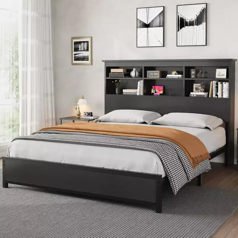 King Size Bed Frame with Bookcase Headboard Tall Wooden Bed Headboard Frame Under Bed Storage Space No Box Spring Needed Black