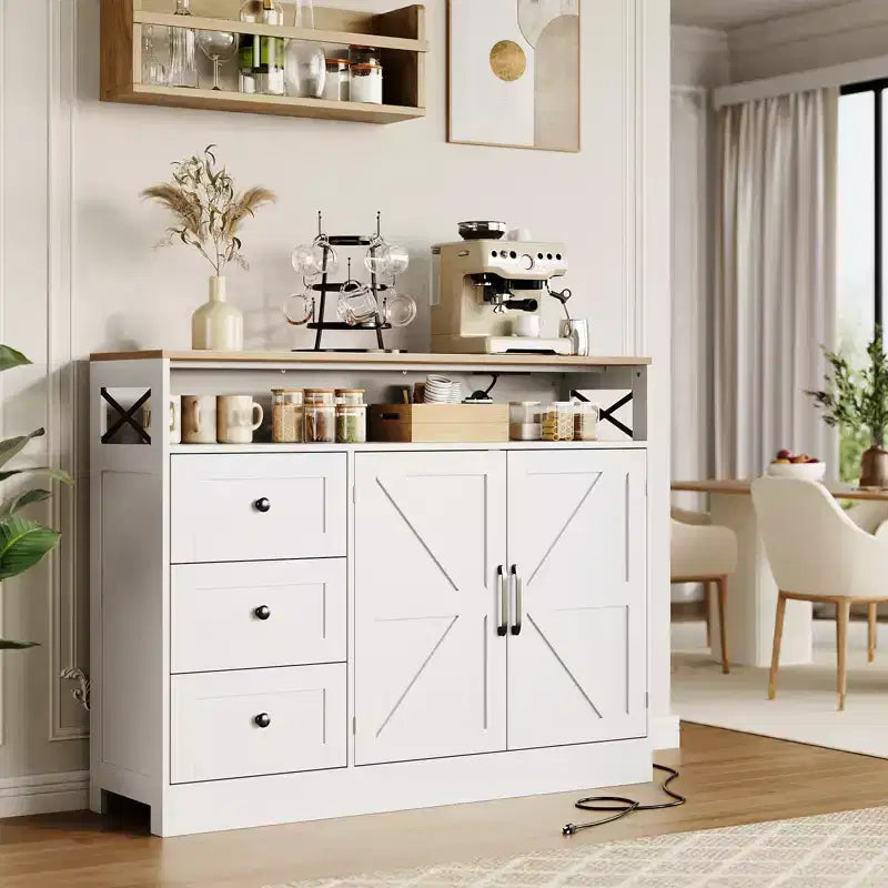 COZONY Buffet Cabinet with Power Outlet Modern Farmhouse Sideboard with Drawers & Barn Doors Adjustable Shelf Storage for Kitchen Living Room White