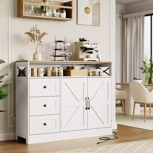 COZONY Buffet Cabinet with Power Outlet Modern Farmhouse Sideboard with Drawers & Barn Doors Adjustable Shelf Storage for Kitchen Living Room White