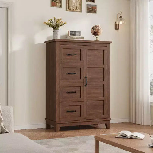 4 Bedroom Dresser 45.7 Inches High Dresser with Doors Vertical Dresser with Storage Freestanding Wardrobe Dresser Suitable for Bedroom Walnut