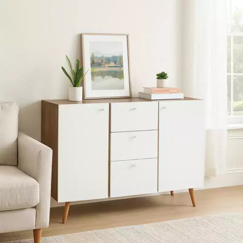 Homy Casa 47 Storage Cabinet with 3 Drawers and 2 Doors Wood Legs White Oak