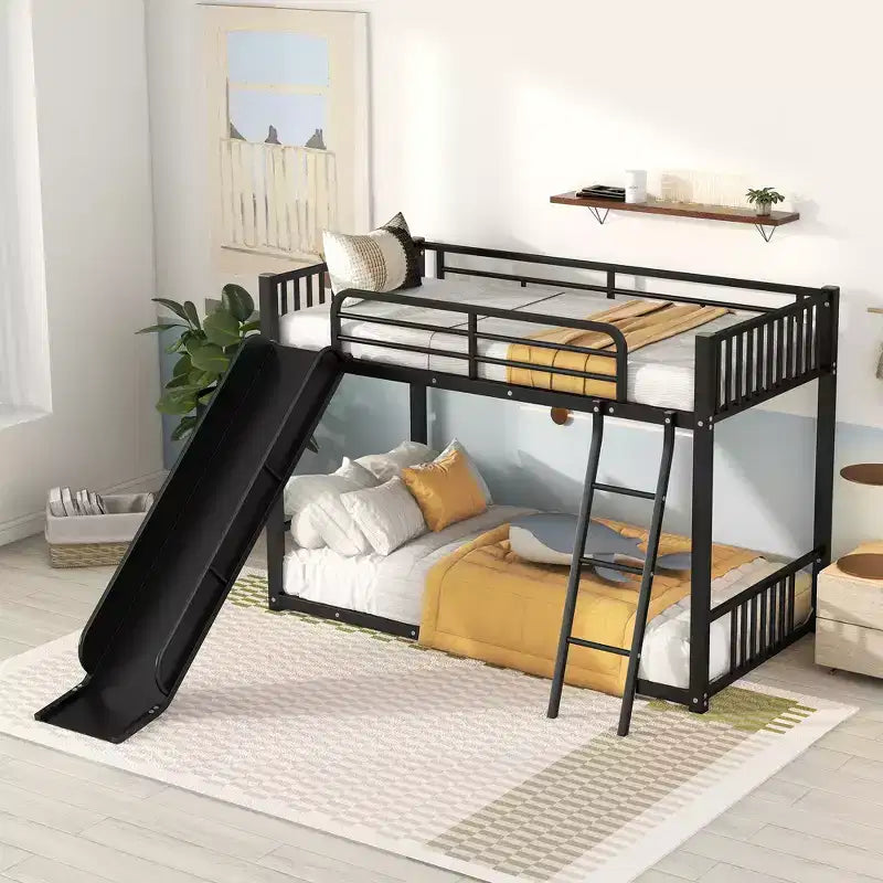 Twin Size Metal Bunk Bed with Slide Twin over Twin Bunk Slide Bed for Kids Teens Adults