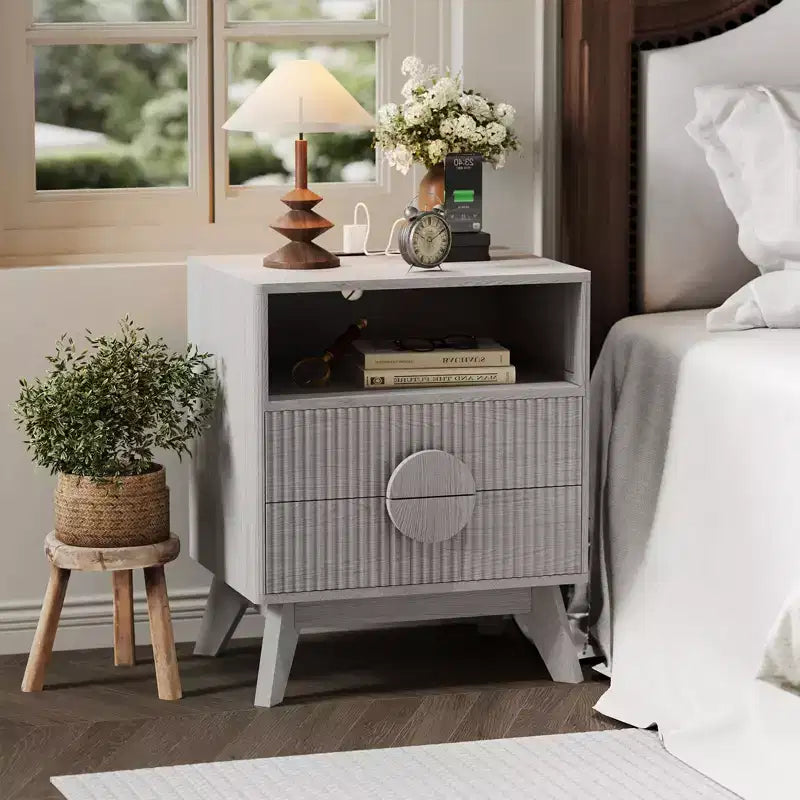 1/2 PCS Modern Nightstand Fluted End Table with 2 Drawers & Open Shelf Wooden Bedside Table Sofa Side Table for Living Room Bedroom Sofa Couch