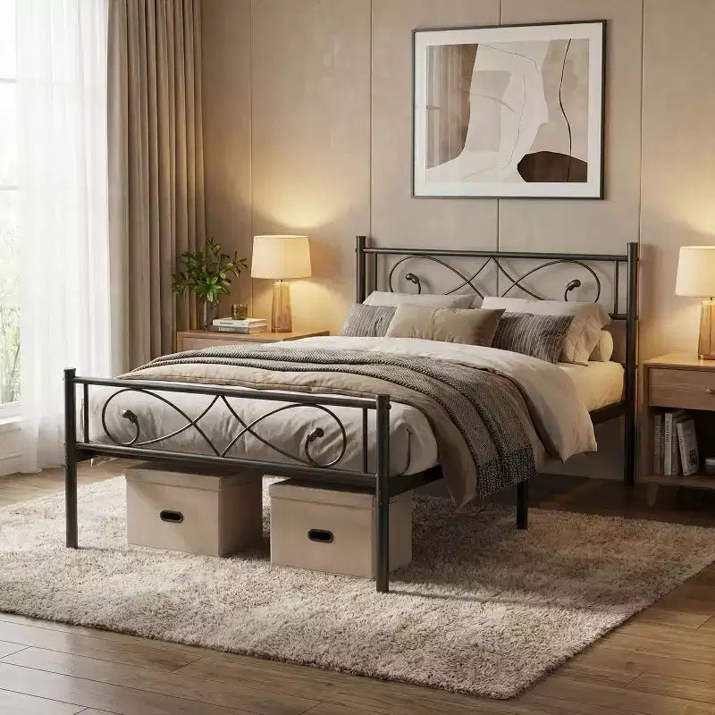 Twin Metal Platform Bed Frame with Artistic Fist Headboard & Footboard Black Steel Bed Frame with Underbed Storage No Box Spring Required
