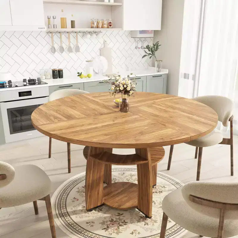 47 Round Dining Table for 4-6 Modern Wood Table with Storage Shelf & Adjustable Feet for Dining Room Living Room Apartment