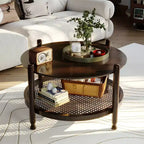 GDFStudio Bohemian 32 2-Tier Round Coffee Table with Woven Rattan Storage Shelf