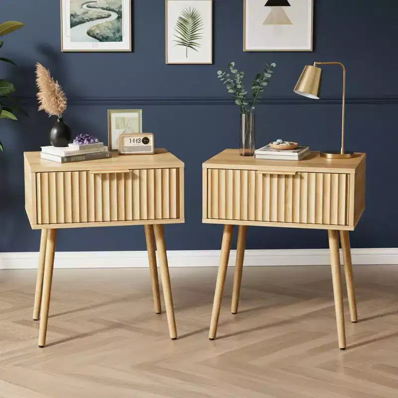Karl Home 18.9In. Oak Grain Nightstand Particleboard & MDF Melamine & Vacuum Forming 1 Drawer High Leg (2 Pcs)
