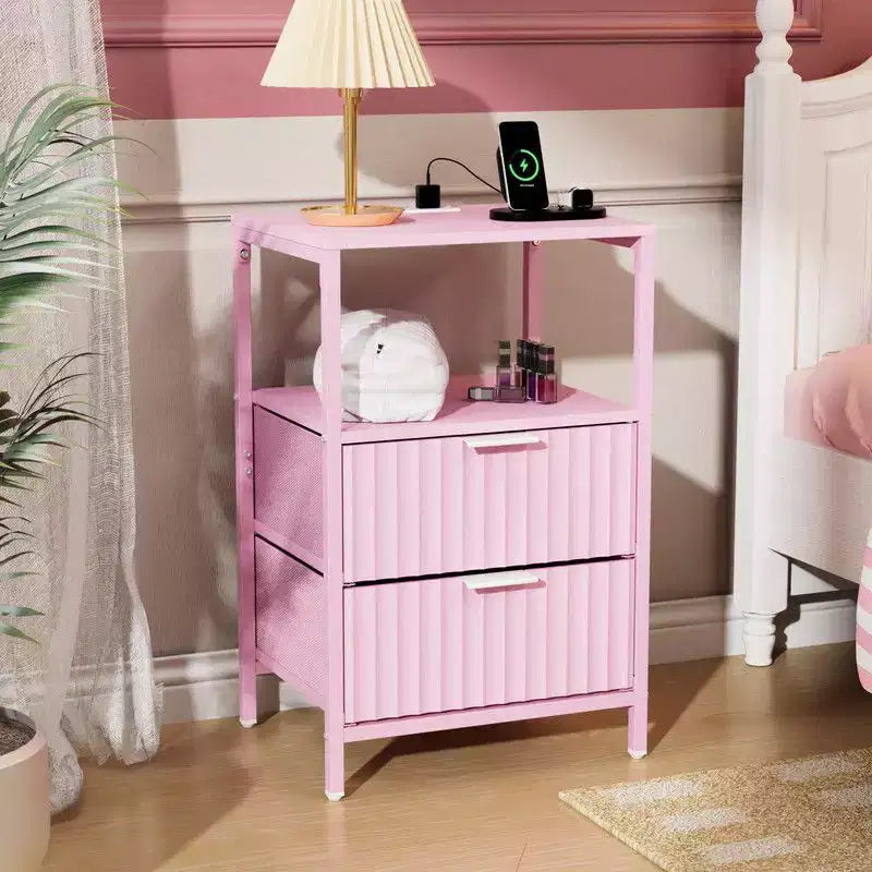 Karl Home 15 Inches Wide Nightstand - 2 Drawers 1 Shelf US Power Outlet
